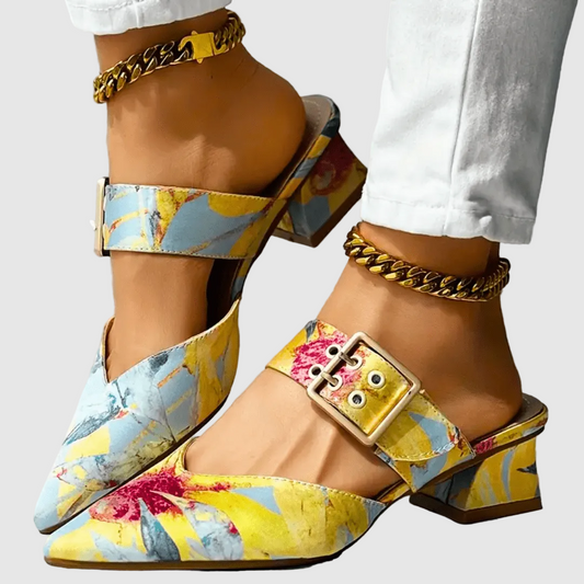 Block Heel Court Shoes with Floral Print and Ankle Strap for Women