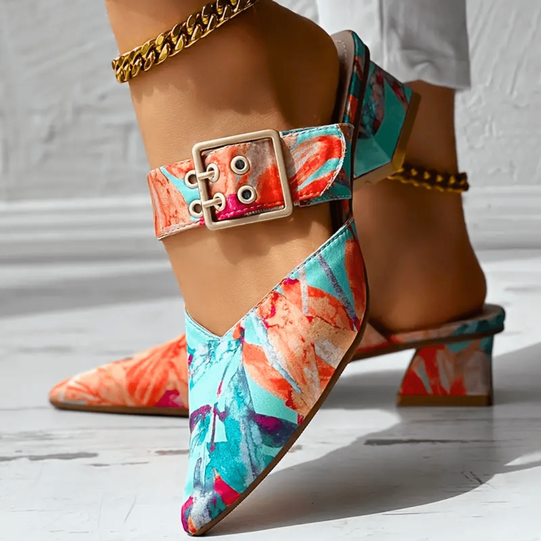 Block Heel Court Shoes with Floral Print and Ankle Strap for Women