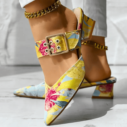 Block Heel Court Shoes with Floral Print and Ankle Strap for Women