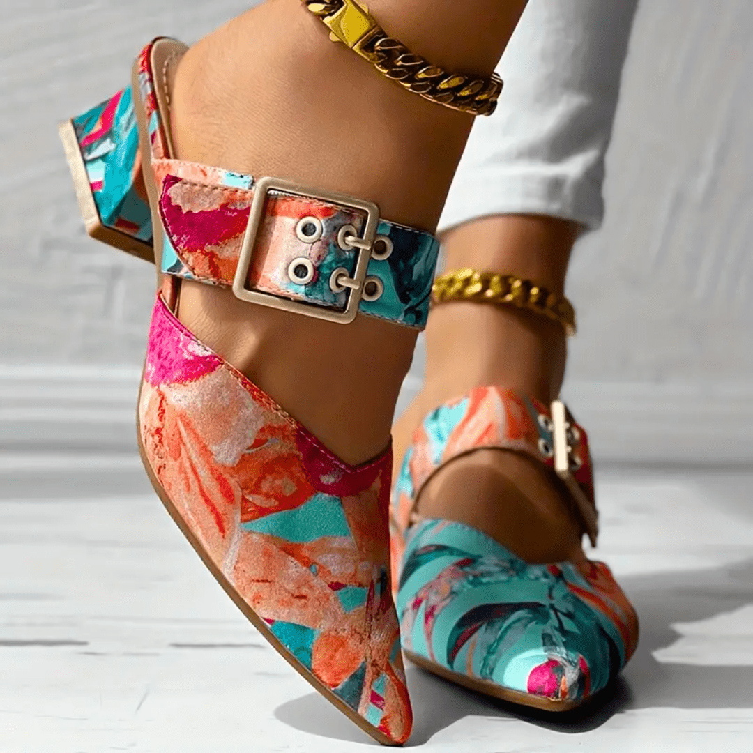 Block Heel Court Shoes with Floral Print and Ankle Strap for Women