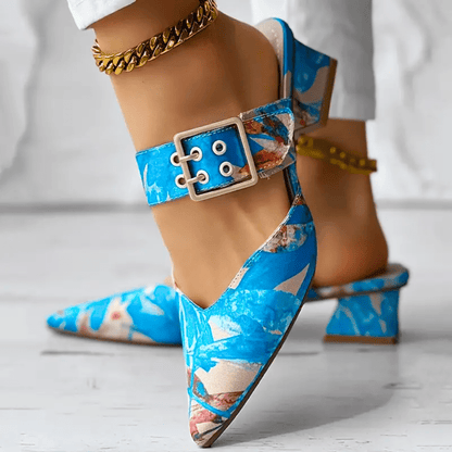 Block Heel Court Shoes with Floral Print and Ankle Strap for Women