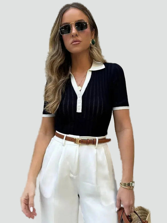 Polo Top with Contrasting Collar and Buttons for Women
