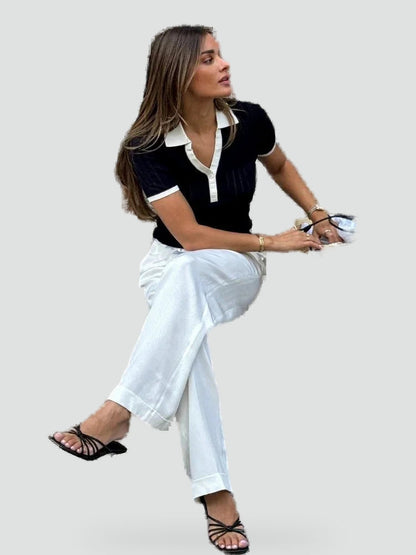 Polo Top with Contrasting Collar and Buttons for Women