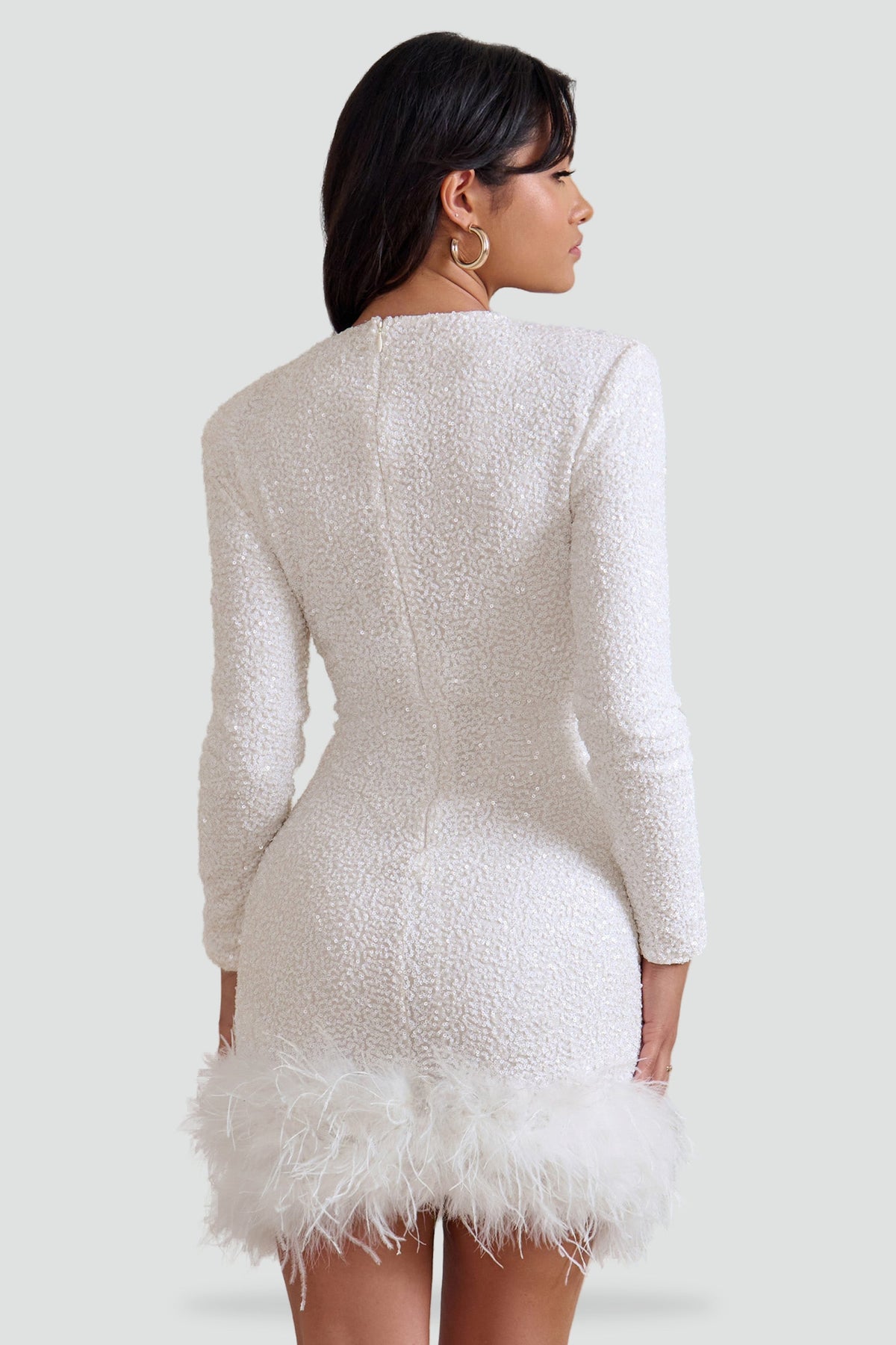 Mini Dress with Feather Trim and Long Sleeves for Women