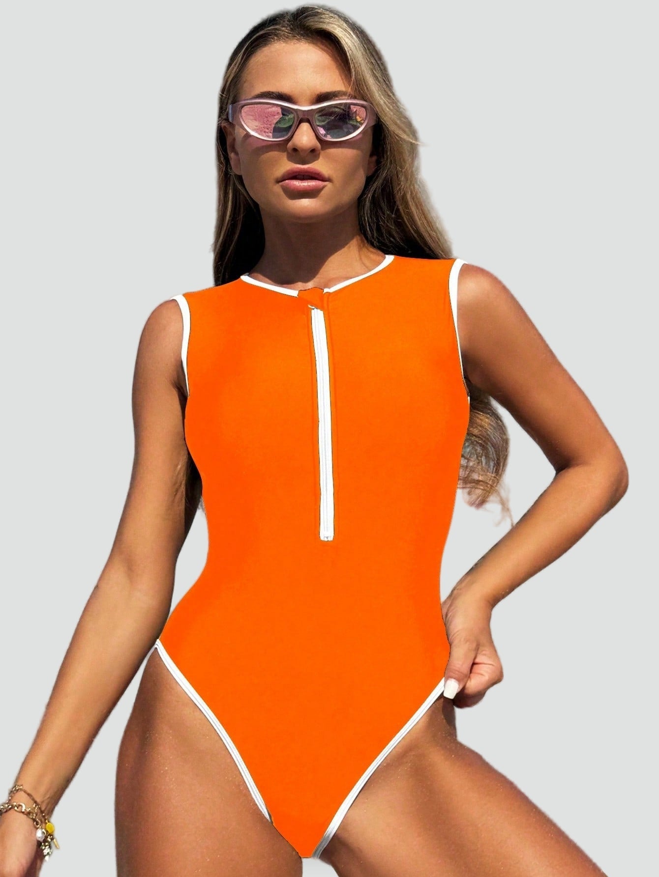 Swimsuit with Zip Front and Contrast Panel for women