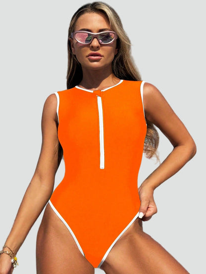 Swimsuit with Zip Front and Contrast Panel for women
