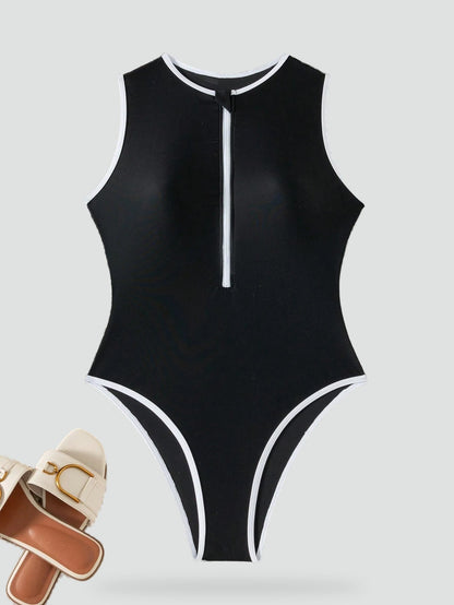 Swimsuit with Zip Front and Contrast Panel for women
