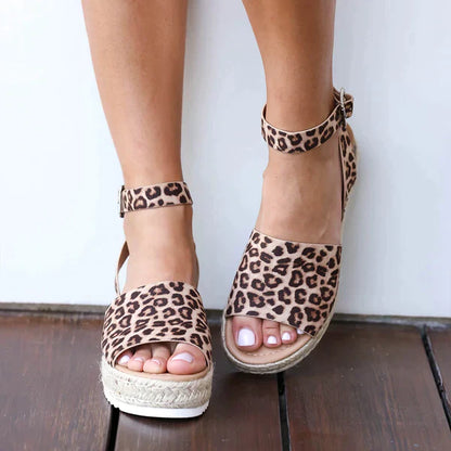 Leopard Print Flat Sandals with Ankle Strap Detail for Women