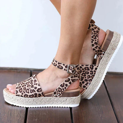 Leopard Print Flat Sandals with Ankle Strap Detail for Women