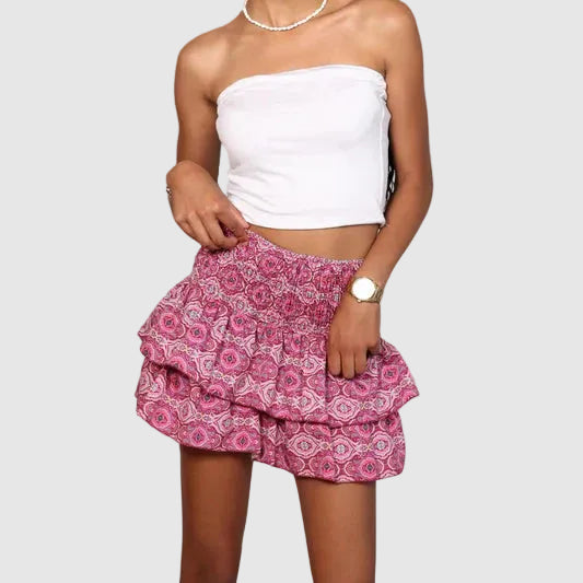Boho Ruffle Midi Skirt with Stretch Waistband for women