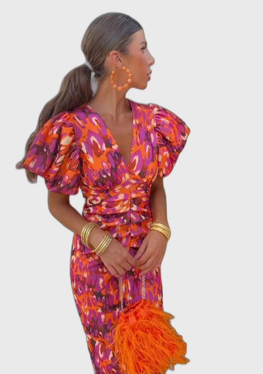 Puff Sleeve Midi Dress with Gathered for Women