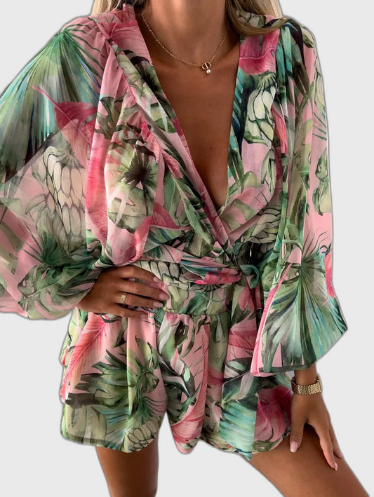 Tropical Kimono Sleeve Playsuit for Women