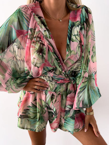 Tropical Kimono Sleeve Playsuit for Women