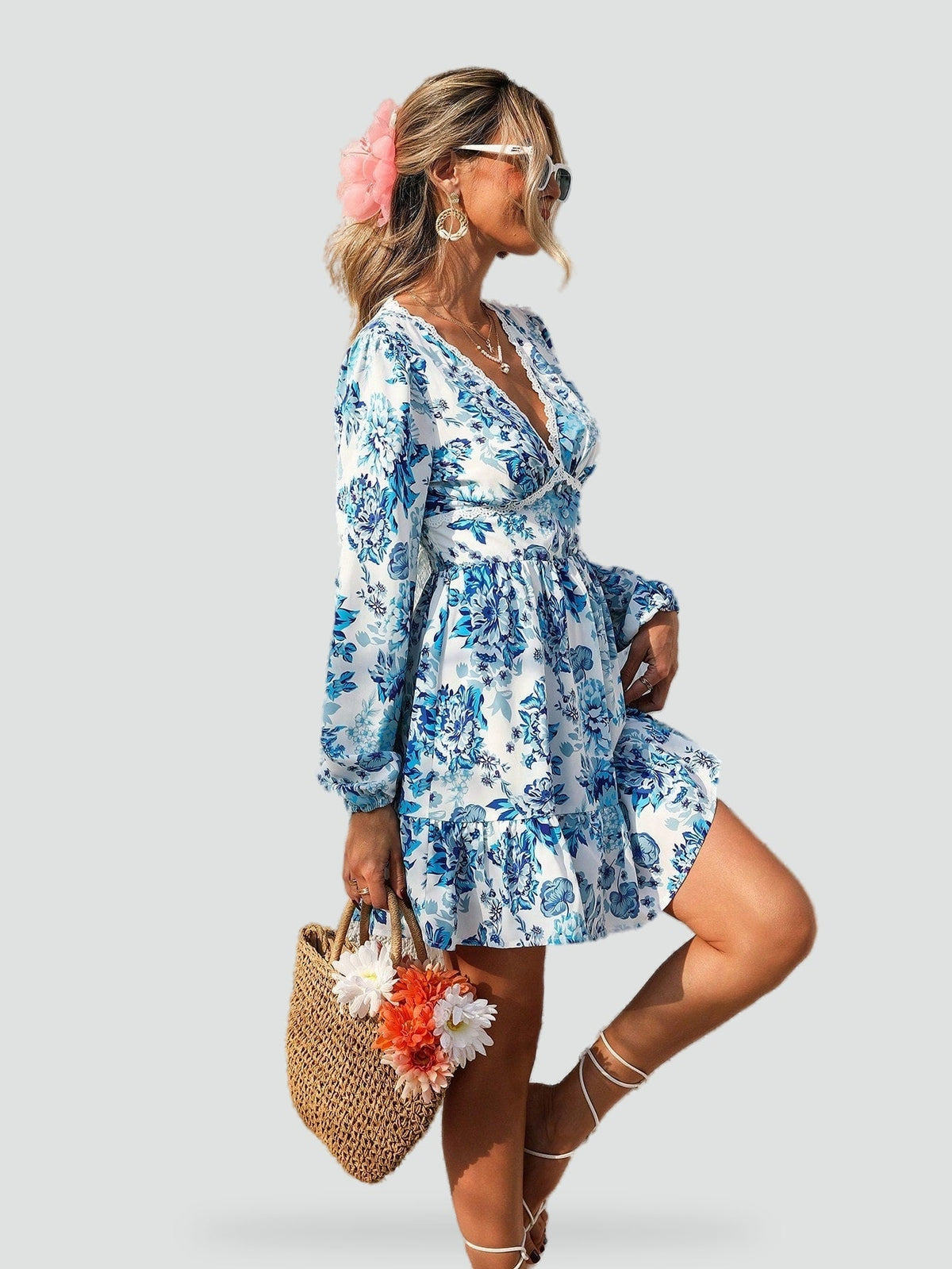 Floral Midi Dress with V-Neckline for Women
