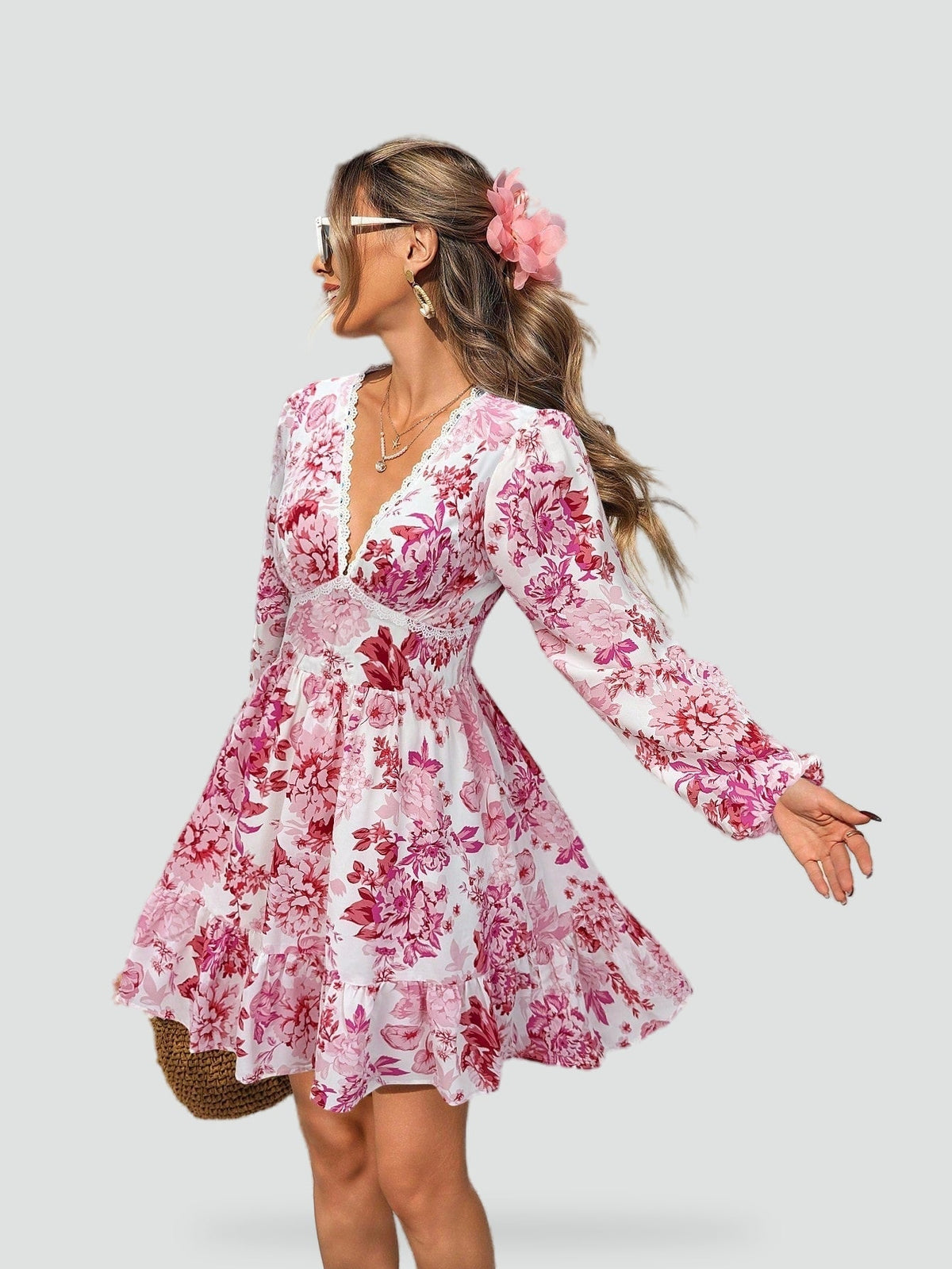 Floral Midi Dress with V-Neckline for Women