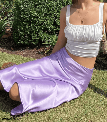 Satin Midi Skirt High Waist Pleated for women