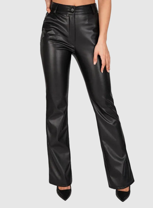 Vegan Leather Flared Trousers with High Waist for Women