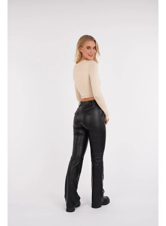 Vegan Leather Flared Trousers with High Waist for Women