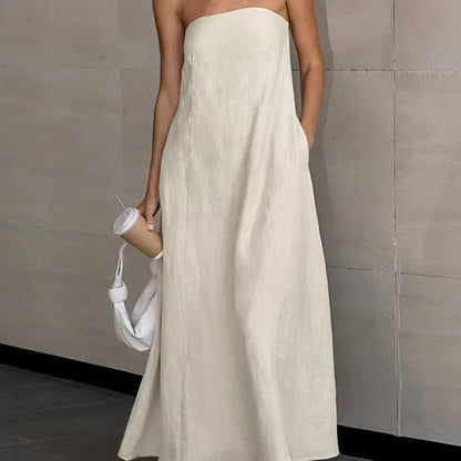 Khaki Maxi Dress Strapless Linen-Look Minimalist Dress for women