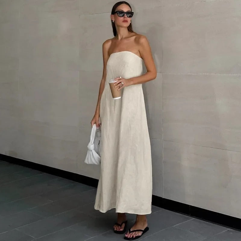 Khaki Maxi Dress Strapless Linen-Look Minimalist Dress for women