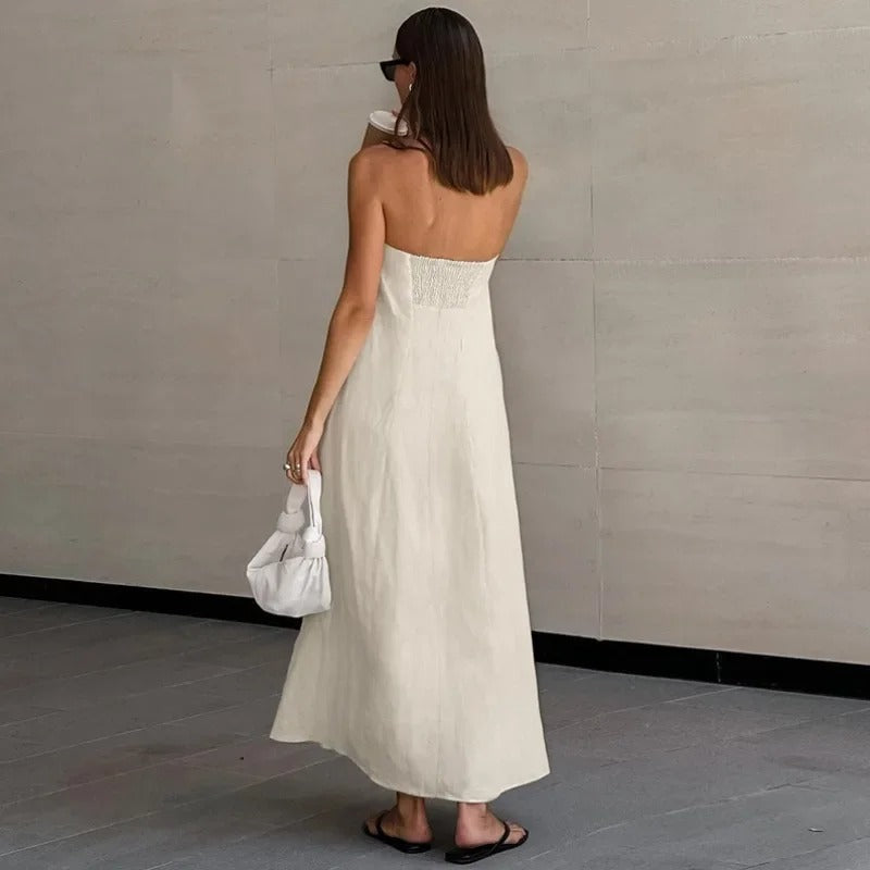 Khaki Maxi Dress Strapless Linen-Look Minimalist Dress for women