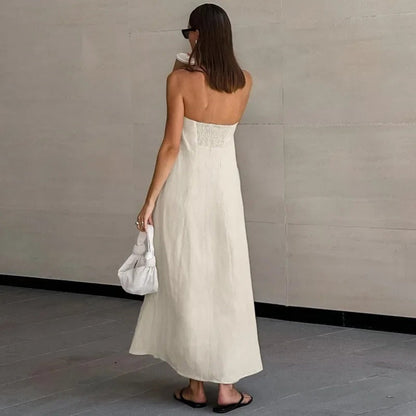 Khaki Maxi Dress Strapless Linen-Look Minimalist Dress for women