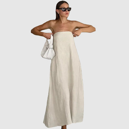 Khaki Maxi Dress Strapless Linen-Look Minimalist Dress for women