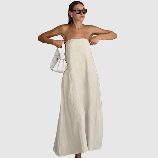 Khaki Maxi Dress Strapless Linen-Look Minimalist Dress for women