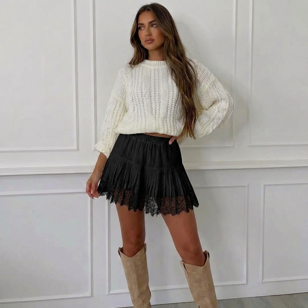 Pleated Lace Mini Skirt for Women