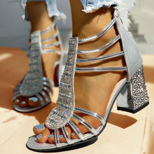 Block Heel Sandals with Strappy Glitter Detail for Women
