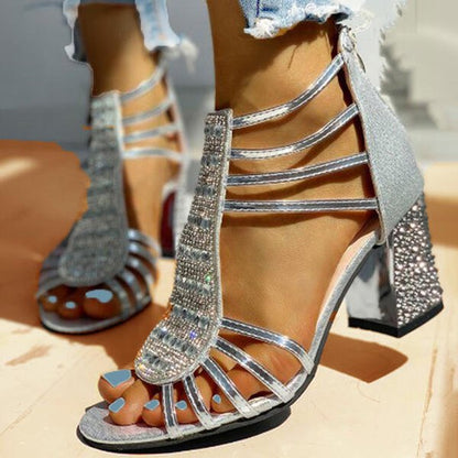Block Heel Sandals with Strappy Glitter Detail for Women