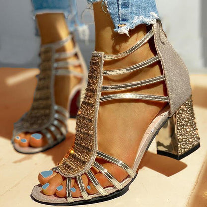 Block Heel Sandals with Strappy Glitter Detail for Women