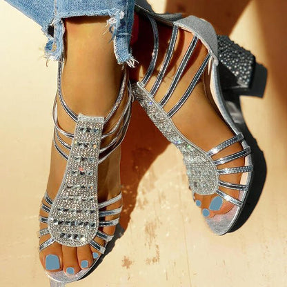 Block Heel Sandals with Strappy Glitter Detail for Women