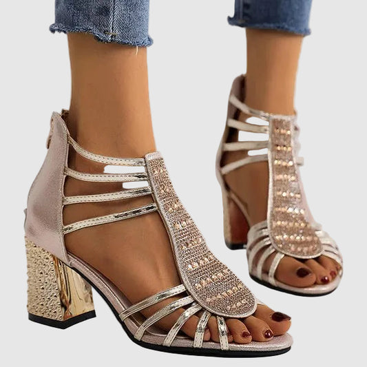 Block Heel Sandals with Strappy Glitter Detail for Women