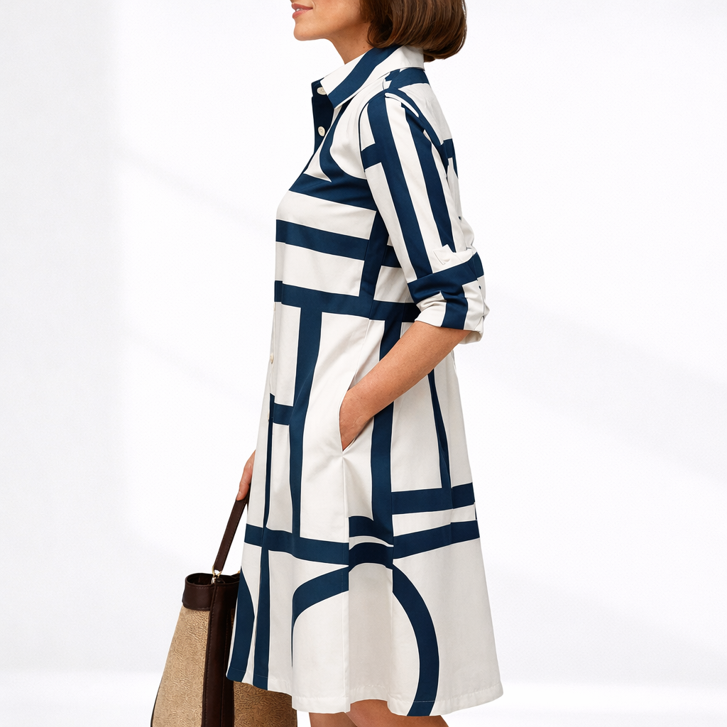 White Midi Dress with Round Neck for women