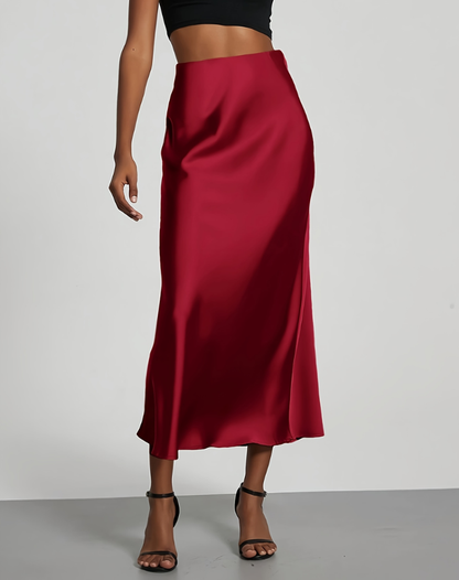 Satin Midi Skirt High Waist Pleated for women