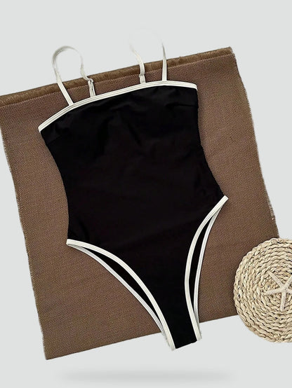 Swimsuit with Contrasting Details and Thin Straps for Women