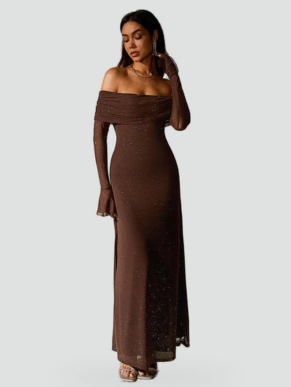 Midi Dress with Off-Shoulder Neckline and Long Sleeves for Women