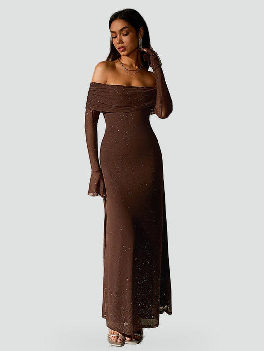 Midi Dress with Off-Shoulder Neckline and Long Sleeves for Women