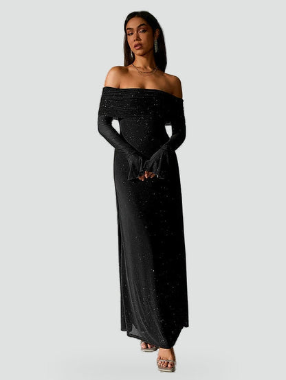 Midi Dress with Off-Shoulder Neckline and Long Sleeves for Women