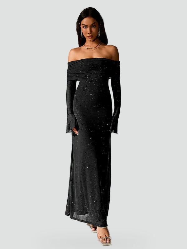 Midi Dress with Off-Shoulder Neckline and Long Sleeves for Women
