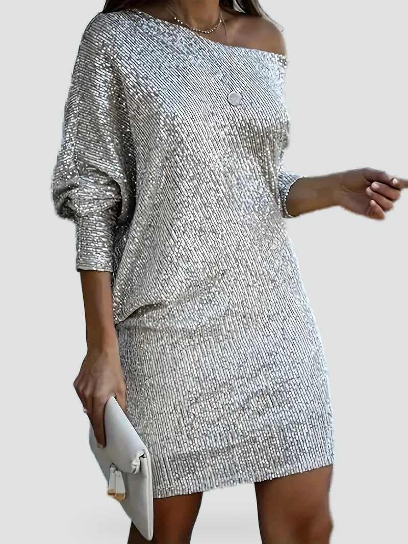 Sequin Midi Dress with Asymmetric Neckline for Women