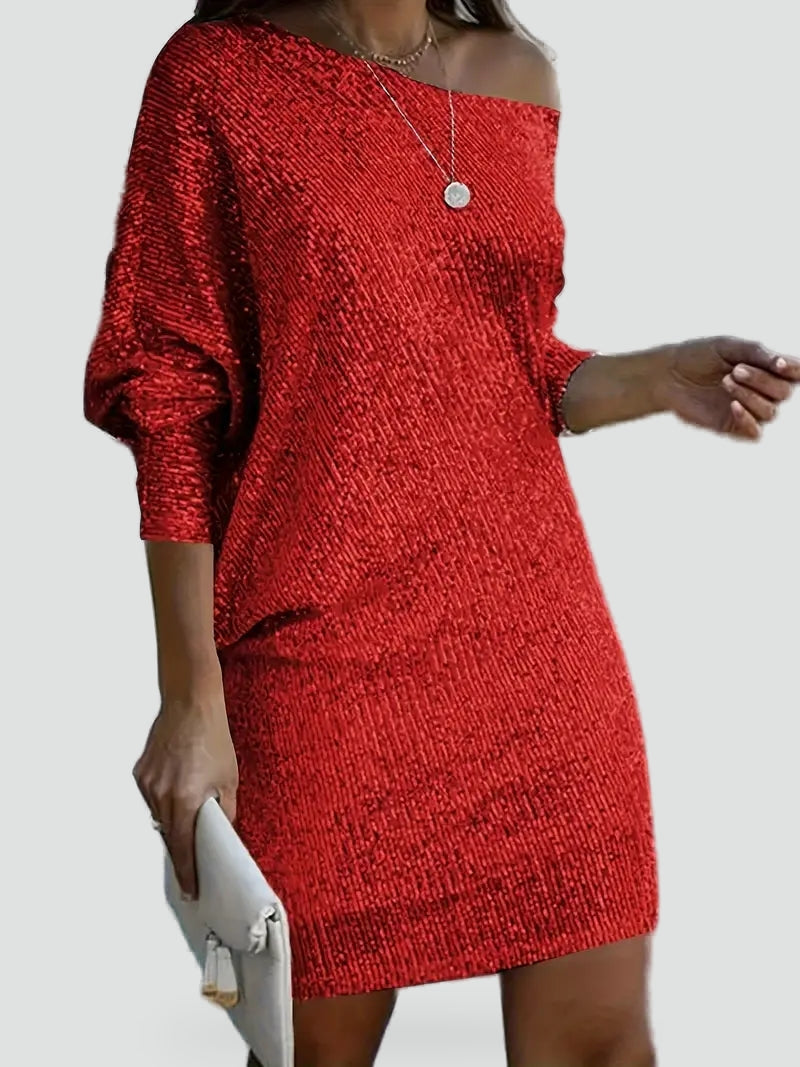 Sequin Midi Dress with Asymmetric Neckline for Women
