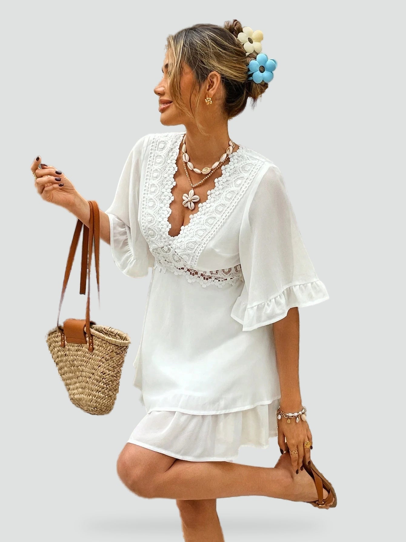 Midi Dress with Lace and Ruffle Detail for women