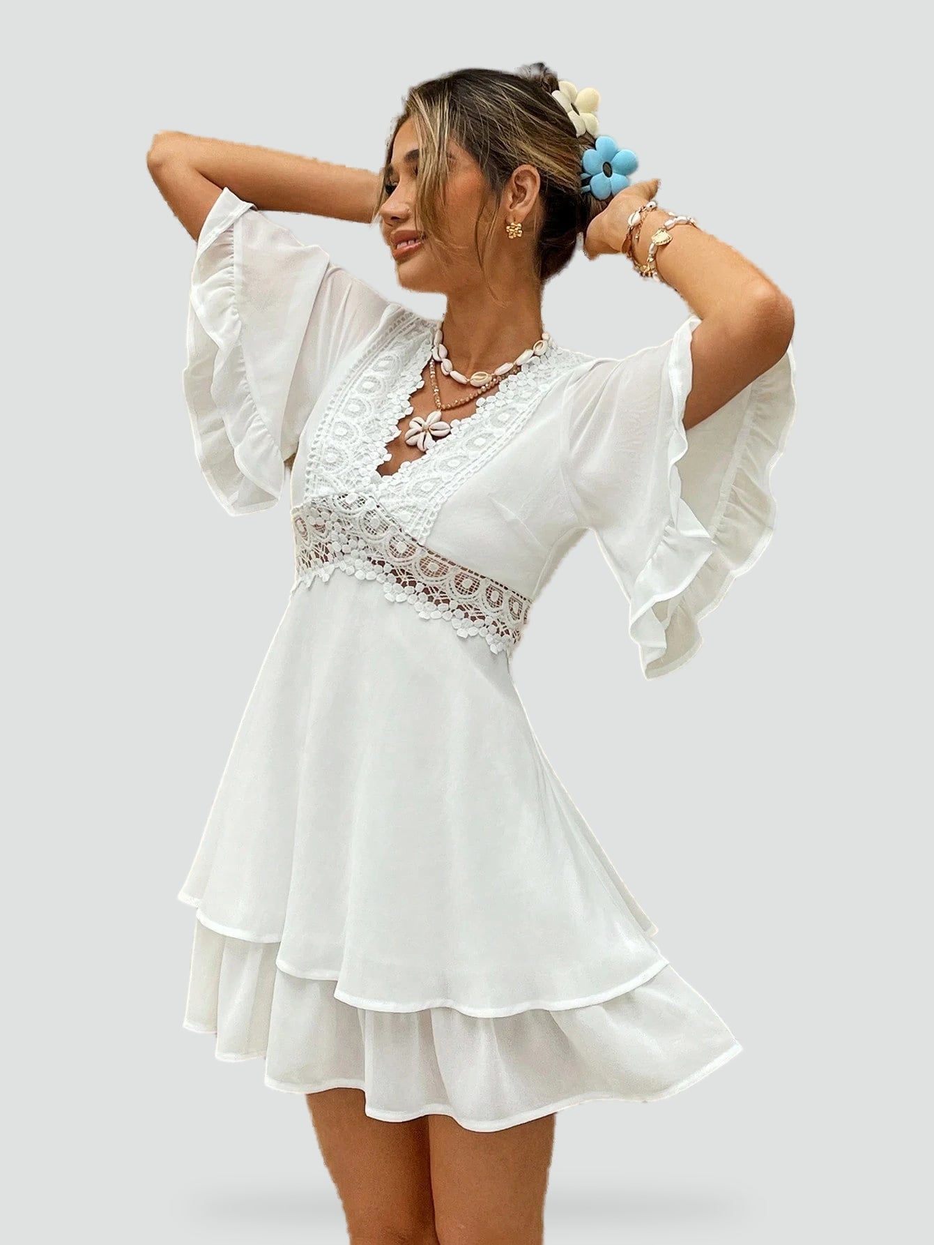 Midi Dress with Lace and Ruffle Detail for women